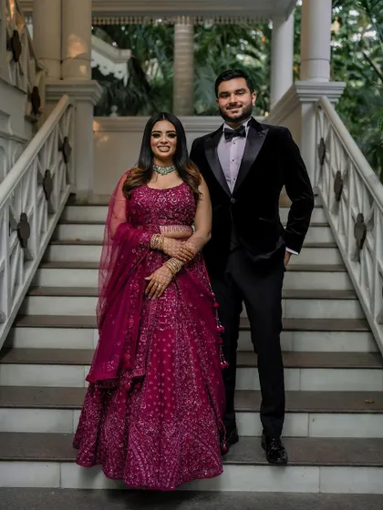 A stunning reception look at the Taj Westend. We use dramatic lighting and elegant backdrops to create sophisticated and timeless portraits for your evening events.