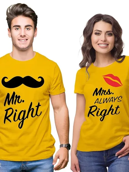 The classic 'Mr. Right' and 'Mrs. Always Right' couple t-shirt set, available in bright yellow.