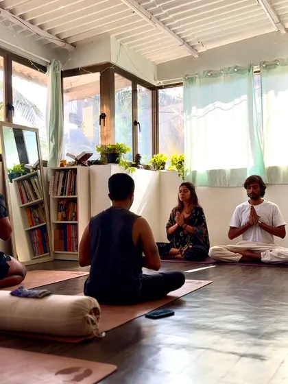 A moment of shared intention at the start of our Sangraha workshop. Coming together in practice creates a powerful collective energy that supports everyone's individual journey.