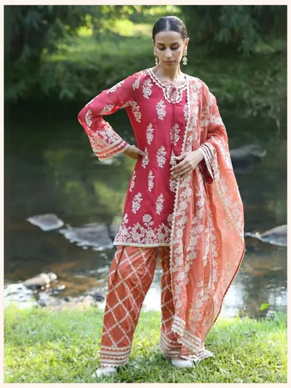 A vibrant red kurta set perfect for any celebration. The combination of different prints and embroideries makes this outfit truly special. Last 72 hours to get it on sale.