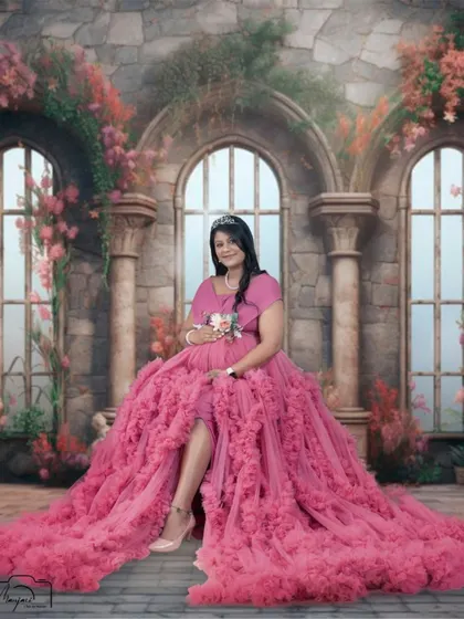 Seated like a queen in a castle, this mama-to-be looks absolutely regal. The AI edits transform a studio shot into a fantasy scene.