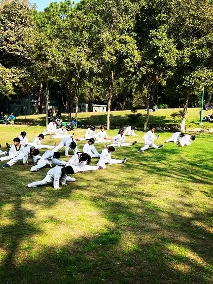 More of our students working on their flexibility during the belt test at Nehru Park. We take advantage of open spaces for large group training.