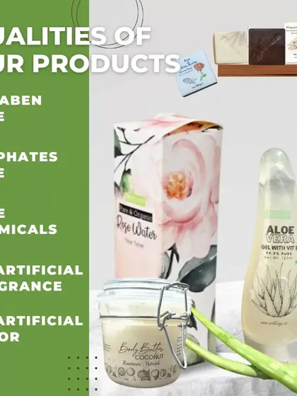 A summary of our product qualities. All our products are free from parabens, sulphates, artificial fragrances, and artificial colors, using only safe, natural chemicals.