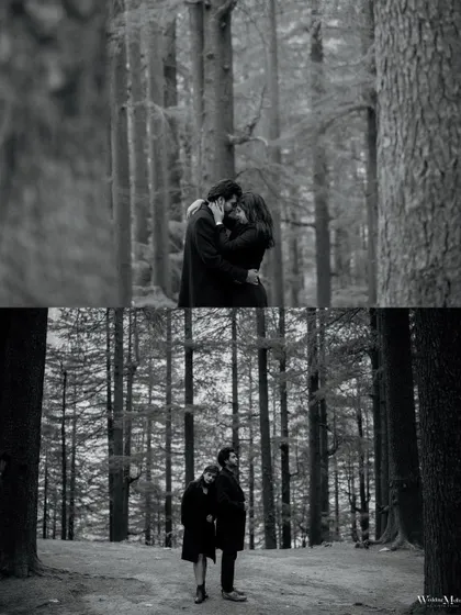 A diptych of intimate moments in the Manali forest. The black and white treatment adds a timeless and moody quality to the images.