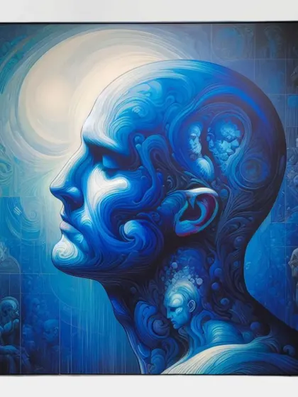 "Inner Blue" is a digital artwork from our "Mixed Emotions" exhibition. The piece uses shades of blue and swirling patterns to explore the depths of the human mind and our inner world.
