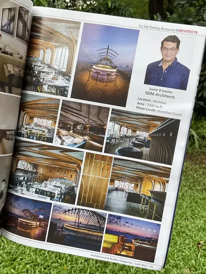 A multi-page spread in Architectural & Builders Magazine from July 2022. This feature provided a comprehensive look at the floating restaurant project, showcasing numerous interior and exterior photographs that capture the essence of the design.
