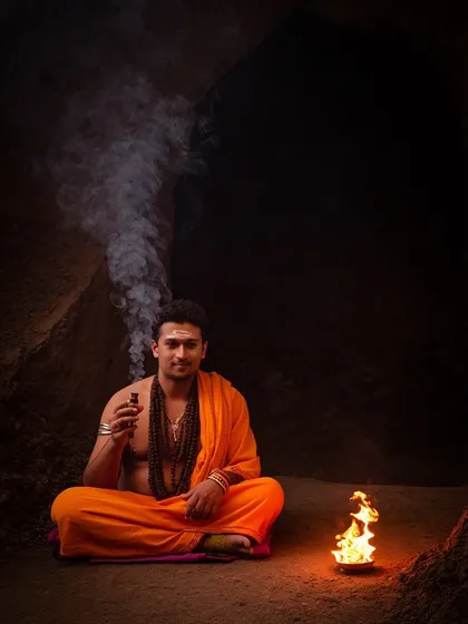 In a cave, with only a small flame for light, the practice turns inward. This is a representation of finding light in the darkness.