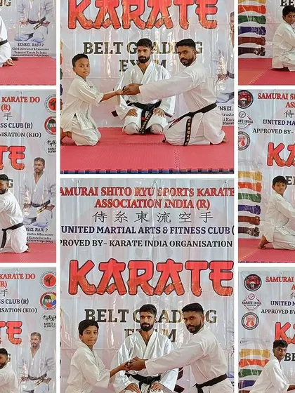 A collage capturing the moment students receive their new belts from the master.