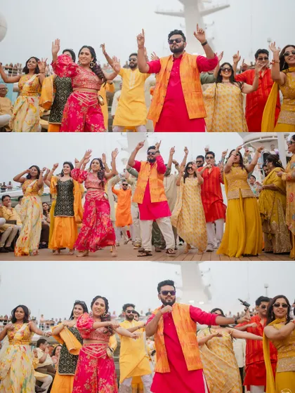 The entire wedding party dancing together on the cruise ship deck. This collage captures the high energy and coordinated fun of the Haldi celebration.