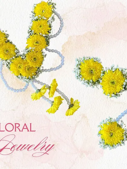 For a bright and sunny Haldi look, I created this floral jewelry set using fresh yellow chrysanthemums. It’s a cheerful and fragrant way to adorn yourself for your pre-wedding celebrations.