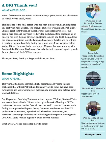 A page from our newsletter highlighting key achievements, including winning Deaf Olympics medals, hosting our first ITF Women's tournament, and conducting corporate training programs.
