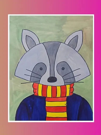 This charming raccoon character, with its simple shapes and bold scarf, is a great example of student creativity.