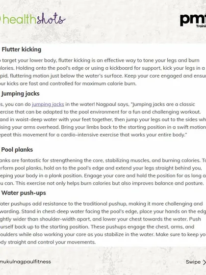 Looking for a fun way to lose weight? My article in Health Shots details 7 pool exercises, like water walking and bicycle kicks, that burn calories and are gentle on your joints.