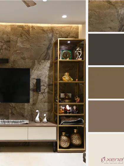 We help clients choose the right color palette. This mood board shows an earthy, brown-toned living room with a stone-cladded TV wall and a sleek metal display shelf.