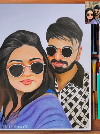 A cool and stylish couple portrait in colored pencils. I focused on getting the reflections in their sunglasses just right to add an extra touch of realism.
