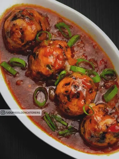 Our Vegetable Manchurian features fried vegetable balls simmered in a savory and tangy Indo-Chinese gravy, garnished with fresh spring onions.