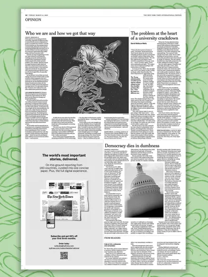 The complete print layout for the NYT Opinion section, showing how my two illustrations were used together in the international edition.