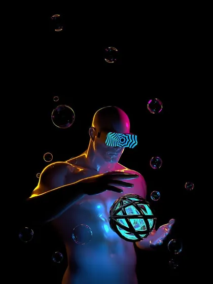 A futuristic 3D concept exploring themes of virtual reality and digital creation. The character is wearing VR goggles and manipulating a glowing digital sphere, representing the power to build new worlds.