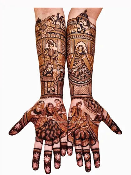 My signature style of bridal mehandi. This design showcases intricate patterns and multiple scenes from a wedding, from family moments to the couple's ceremony.