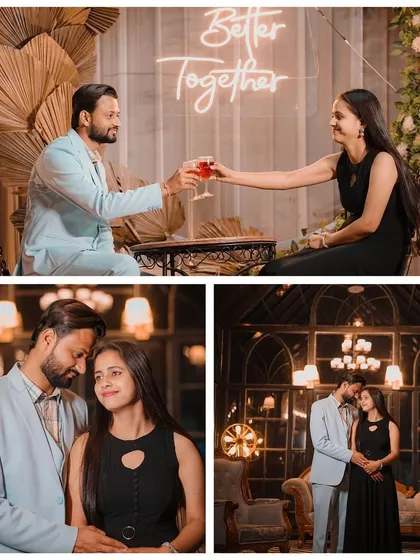This collage highlights the romantic indoor sets, including a "Better Together" neon sign, a candlelit dinner setup, and an elegant glasshouse with chandeliers.