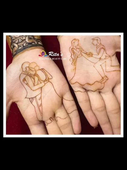 Another look at the initial sketch work on the palms. This is the foundation for creating lifelike and expressive couple figures in your bridal henna.