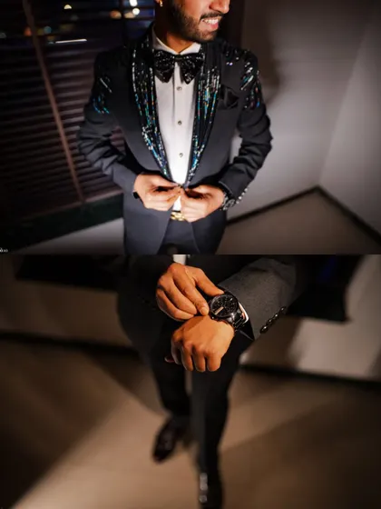 A collage focusing on the groom's style. These shots of Ketan getting ready for the Sangeet highlight the details of his sharp, sequined tuxedo.