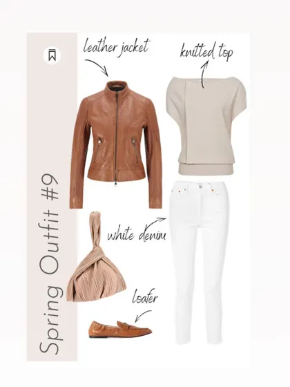 Spring Outfit Idea 6: Another way to style a leather jacket for spring is with a soft knitted top and white denim. The leather loafers keep the look grounded and comfortable.