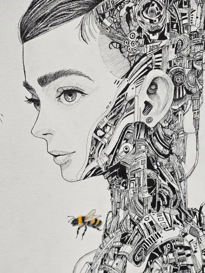 A detailed close-up of the biomechanical portrait, showcasing the incredible level of detail and clean line work achieved with micron pens.