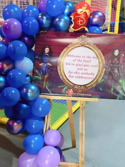 A welcome sign for a Descendants-themed birthday party, setting a "wickedly fun" tone for the celebration.