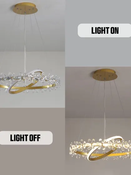 A modern crystal ring chandelier, shown both off and on. The design is simple yet glamorous, perfect for a contemporary space.