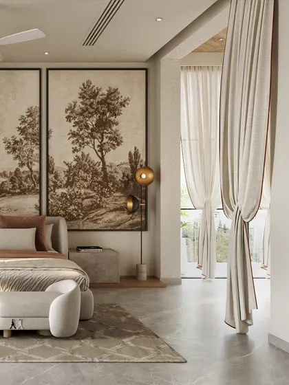 The interplay of light and shadow from the large window adds depth to this neutral bedroom. The soft, tied-back curtains create an elegant frame, enhancing the room's airy and sophisticated character.