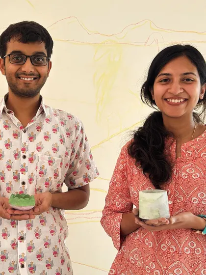 A happy couple with the eco-resin pots they created. Perfect for small succulents.