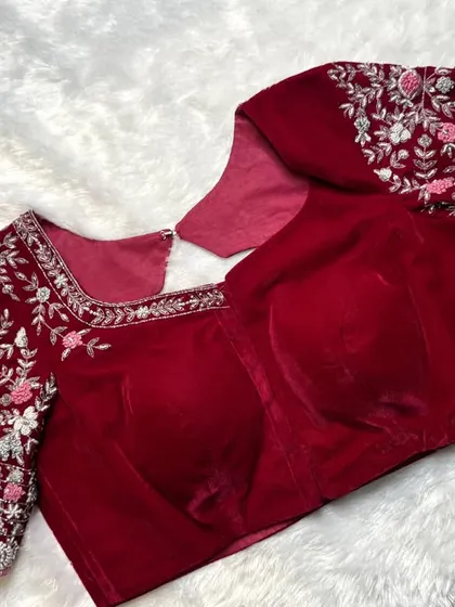 The front view of the red velvet blouse, showing the princess cut and square neckline, a perfect blend of modern and traditional.