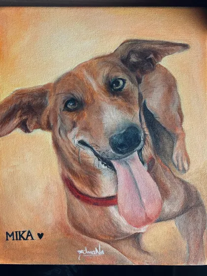 The goofy, lovable personality of Mika the dog is captured in this fun portrait. I love painting pets with their tongues out and ears flopping!