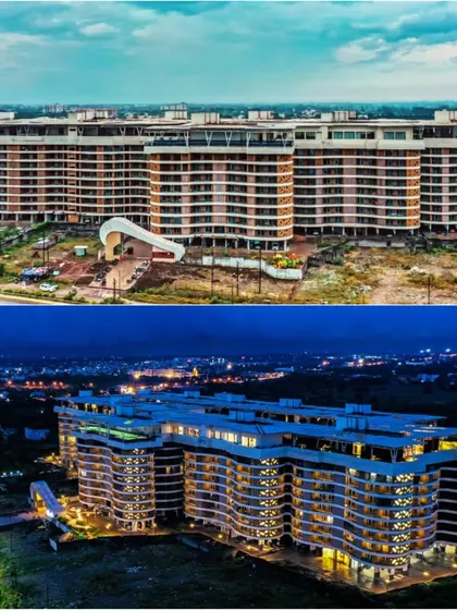 A day and night comparison of the Palm Bellagio residential complex in Raipur.