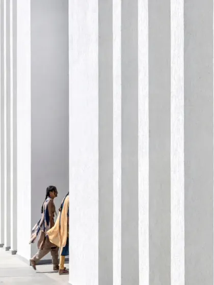 The play of light and shadow along the facade of the Sona Library. This image embodies our design philosophy of creating spaces where the architectural form itself becomes a canvas for the natural environment.