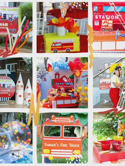 A collage of the firefighter party, showing the welcome sign, table centerpieces, activity stations, and the main dessert table.