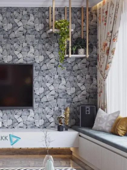 This cozy corner shows how texture can transform a room. The stone-effect wallpaper on the TV wall contrasts beautifully with the soft window seating and floral curtains, creating a space that feels both rustic and refined.