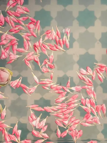 Pink flower petals float on the water's surface, which reflects the custom tile pattern below, creating a beautiful, layered detail.
