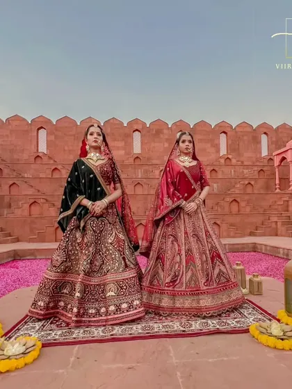Be a royal bride on your big day. This shot captures the grandeur of my bridal lehenga collection, featuring two distinct yet complementary styles in rich velvet and intricate embroidery.