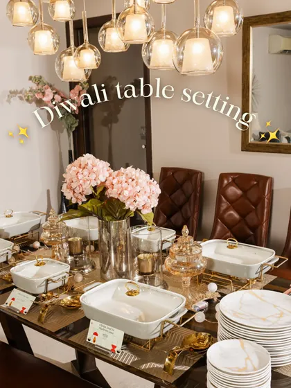 An elegant Diwali table setting featuring my premium white and gold ceramic serving ware. I believe the details matter, and I provide everything needed, from the crockery to the floral arrangements, to create a sophisticated dining experience at your home.