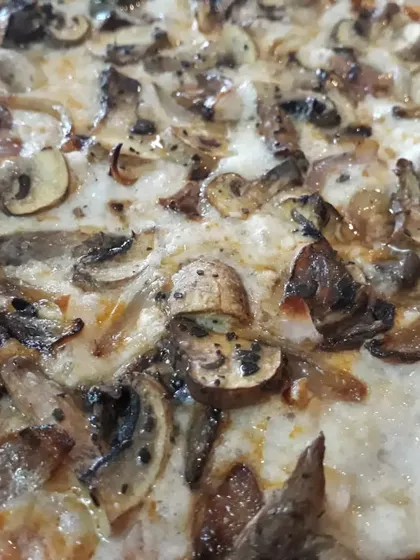 A close-up of the delicious textures on my caramelized onion and mushroom pizza, showing the perfectly melted vegan cheese.