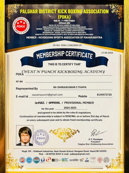 We are officially recognized and ready for the big leagues. This membership certificate from the Palghar District Kickboxing Association, affiliated with WAKO INDIA, is your assurance that our training provides a direct path to state and national competitions.