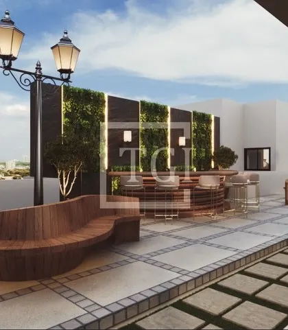 A similar view to ID 144, this render shows the bar area with a curved wooden bench and classic street lamps, creating a complete entertainment zone.