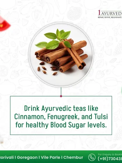 Herbal infusions can be a powerful tool for health. We often prescribe Ayurvedic teas made from ingredients like Cinnamon, Fenugreek, and Tulsi to help maintain healthy blood sugar levels and support your body's natural detoxification processes.