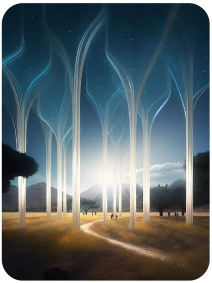 The path through the Meadows Plaza is illuminated by towering light structures, guiding users on their journey through this virtual world.