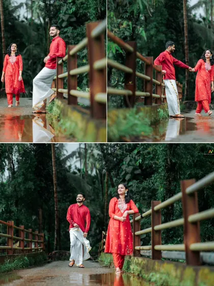 A collage of a couple on a wet path, capturing moments of holding hands, leaning against a railing, and enjoying the rainy weather.