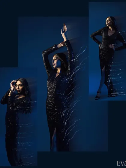 An artistic studio portrait demonstrating our creative techniques. This collage uses motion blur and dramatic blue lighting to capture a model in a sequined black gown, creating a sense of movement and glamour for high-end fashion photography.