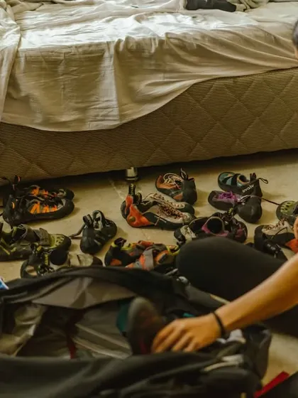 Behind the scenes of our gear prep. We organize and check every piece of equipment, from shoes to ropes, to ensure everything is ready and safe for our participants.