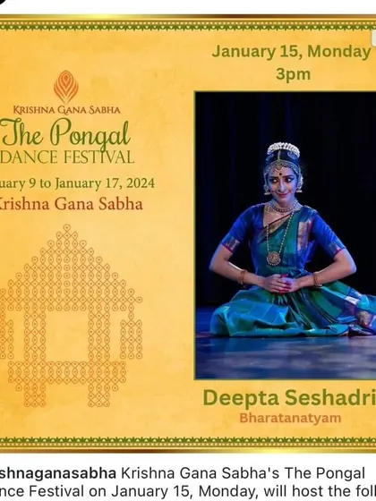 "Sprightly dancer!" An invitation to watch my student Deepta Seshadri perform at Krishna Gana Sabha's Pongal Dance Festival.